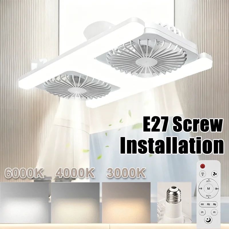 E27 Fan Light with Remote Control  Dimming Speed Control H-shaped Lamp Dual Head Fan Kitchen Bathroom Air Circulation Silent Fan