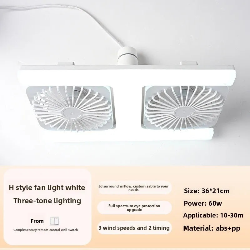 E27 Fan Light with Remote Control  Dimming Speed Control H-shaped Lamp Dual Head Fan Kitchen Bathroom Air Circulation Silent Fan